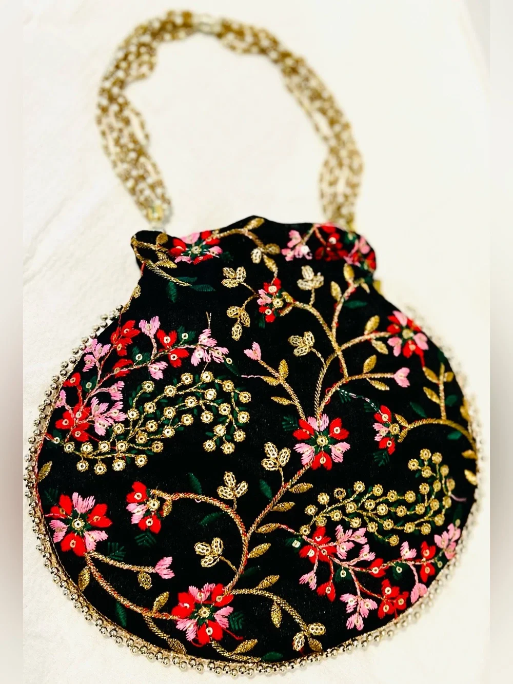 Embroidered Black Floral Design Beaded Potli Bag Prom Wedding Guest Purse